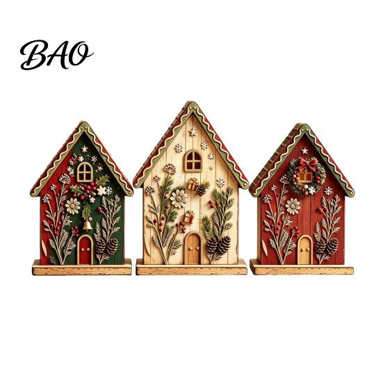 Christmas Farmhouse Mantel Accents 3Pcs/Set Wooden Ornaments, Rustic Gingerbread Man Tree Tiered Tray Freestanding Ornaments Decor, Centerpieces
