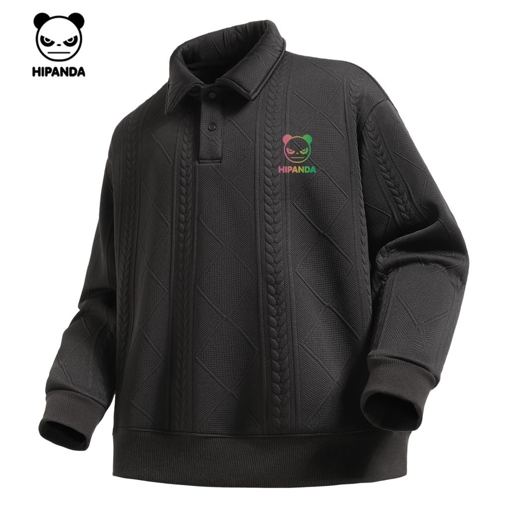 Hello Hipanda, Panda Warm Change Logo Jacquard Texture Flip Collar Hoodie with Velvet
