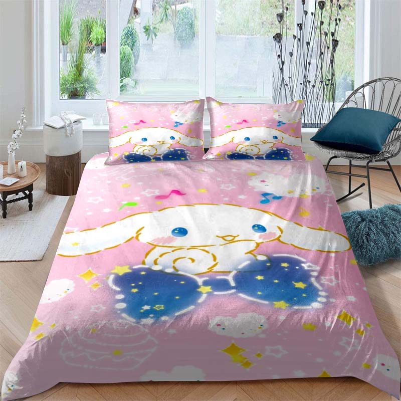 3D printed cartoon Cinnamoroll themed three-piece bedding set, including duvet cover and pillowcases, a perfect holiday gift.