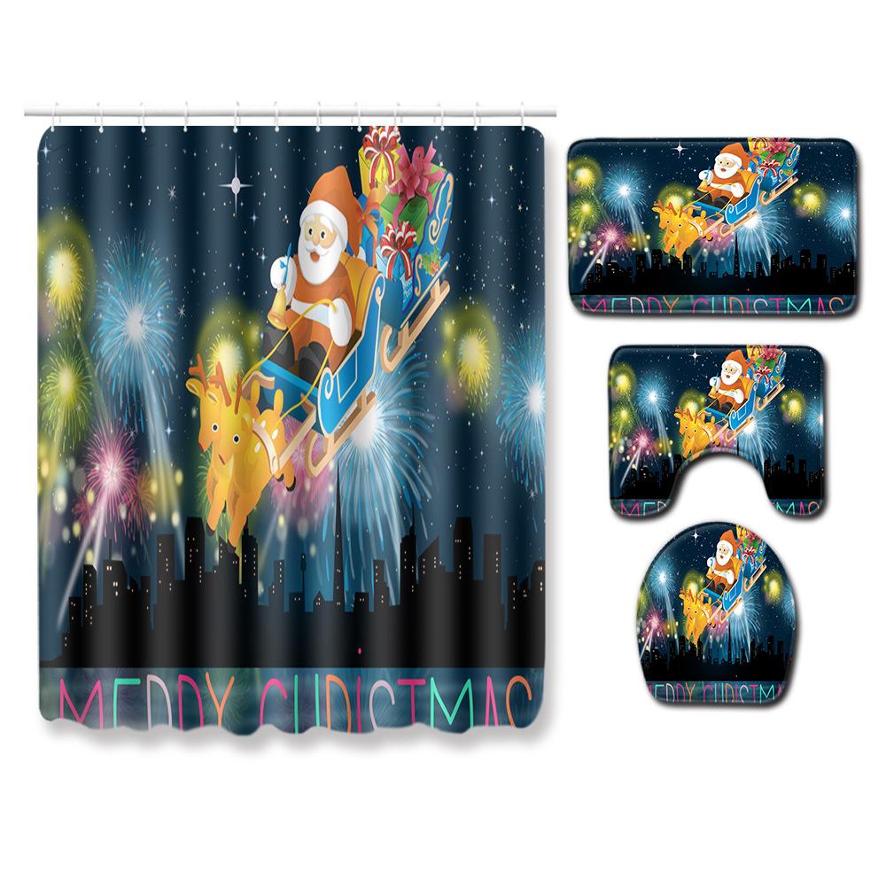 Christmas Shower Curtain Floor Mat Combination Four-Piece Set Bathroom Toilet Carpet Shower Room Mat Foot Mat