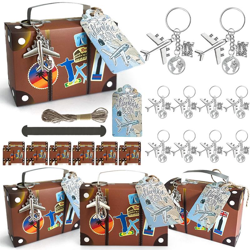 10 наборов мини-чемоданов, подарочных коробок, конфет, подарочных коробок для вечеринки с брелками в виде самолета и дорожных билетов для свадебной вечеринки