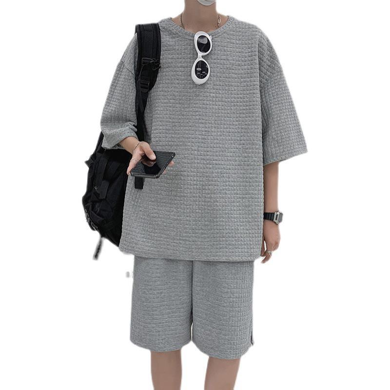 Мужской модный спортивный костюм из вафельной ткани с футболкой с короткими рукавами на лето