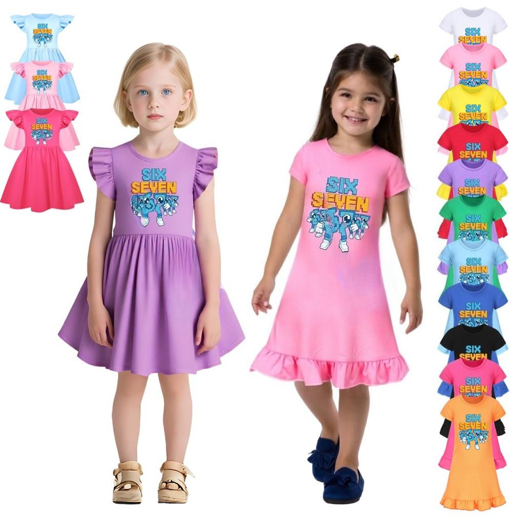 5195 Kids Girls Steal a Brainrot 67 Six Seven Printed Ruffle Short Sleeves Casual Dress