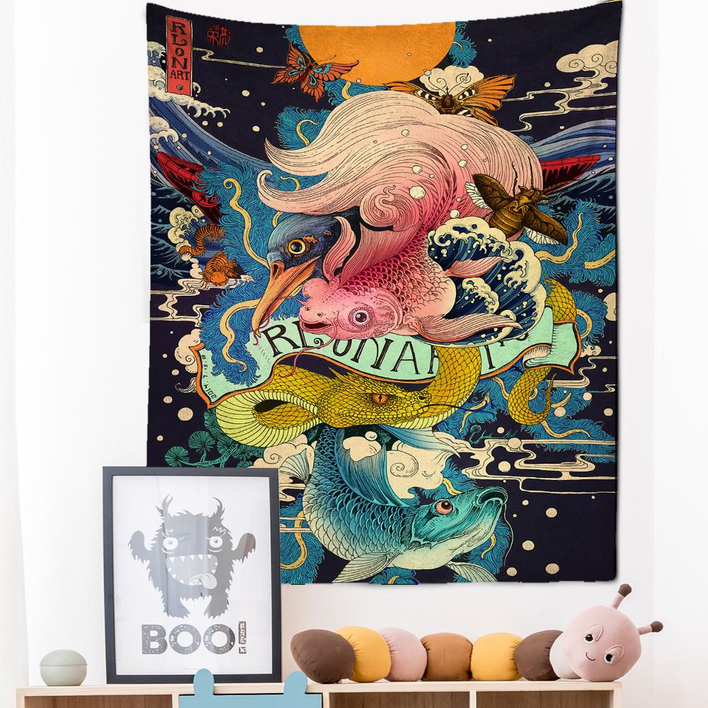 Японский гобелен с иллюстрацией, настенный Гобелен Канагава, волнистая печать, богемный хиппи, домашний декор для спальни