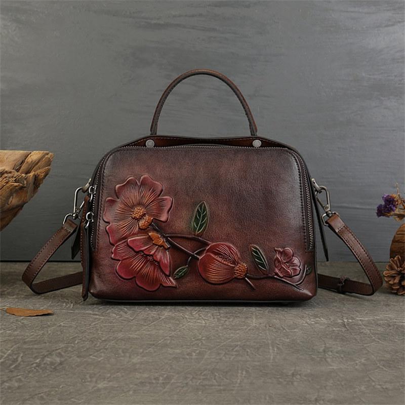 Genuine Leather Women Bag Flower Totem Embossing Ladies Handbags Vintage Design Shoulder Bags Fashion Crossbody Bag