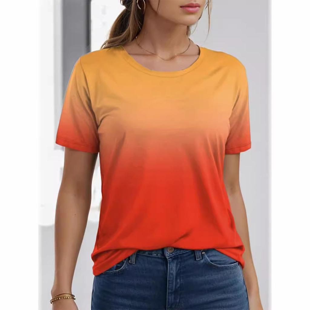 Summer Round Neck 3D Gradient Print T-shirts Fashionable Casual Short Sleeved Women's T-shirts