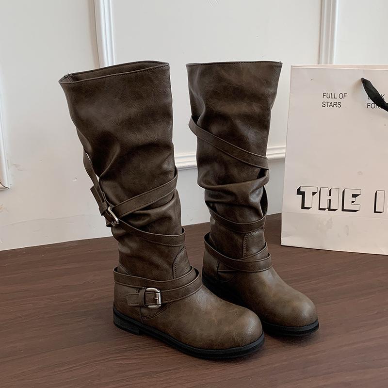 Coarse heel French retro old western cowboy boots women's new versatile tall tube stack knight boots women