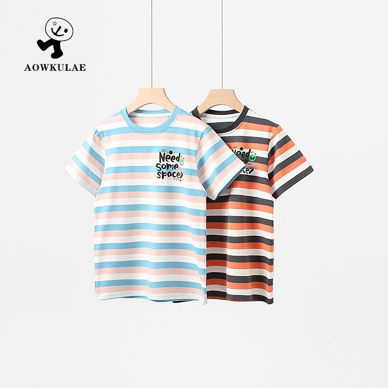 Летняя корейская полосатая футболка с коротким рукавом и рисунком для девочек