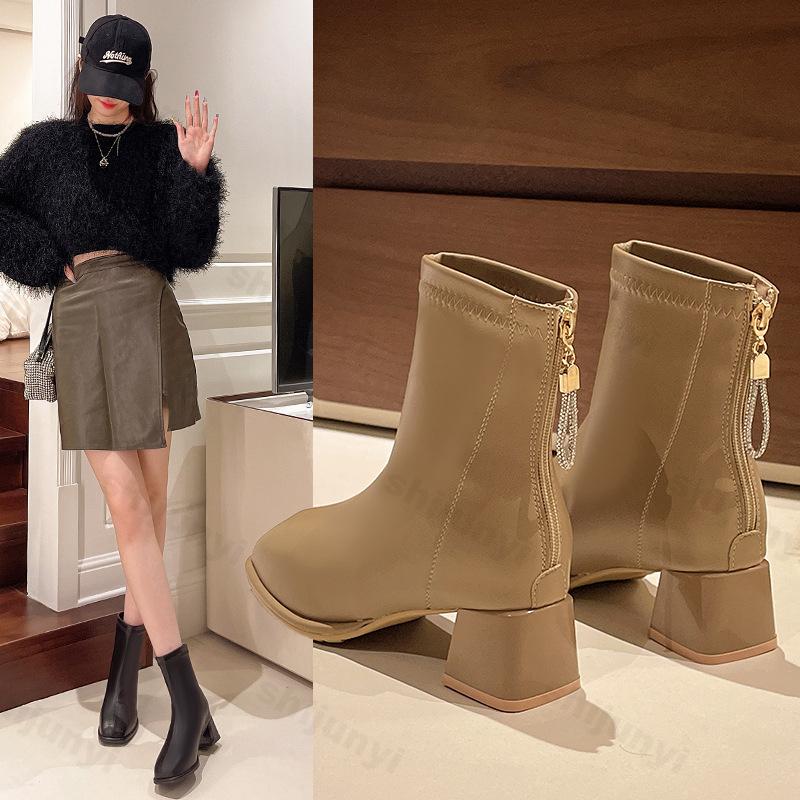 Мода 2024 года, новые элегантные ботильоны для женщин, молния сзади, эластичные, на среднем каблуке, большие размеры, короткие ботинки, модные туфли Botas De Mujer