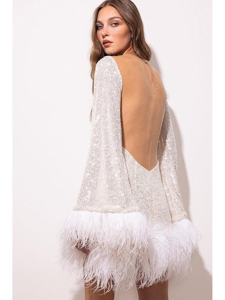 Осеннее вечернее платье с пайетками и перьями, с длинными рукавами и открытой спиной - Дизайн с облегающим талию коротким подолом для женщин