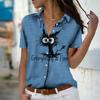 2023 Summer New Fashion Women's Fried Cat Printed Short Sleeve V-neck Casual Button-down Shirt Top