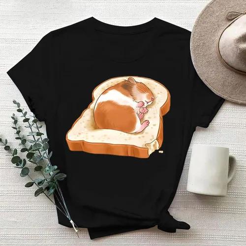 Cartoon Cute Hamster Cartoon Cute Hamster Baby Round Neck Big Size Round Neck Black T-shirt Woman Tops