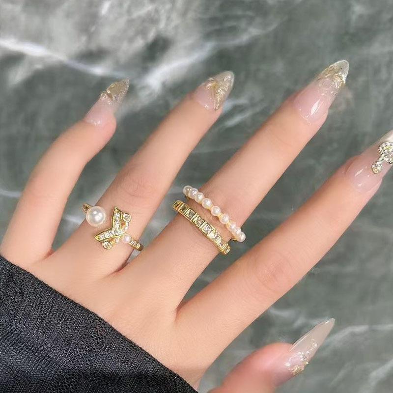 Double-layer pearl bright zircon ring female niche design sense dream weaving picture scroll light luxury retro exquisite fashion ring