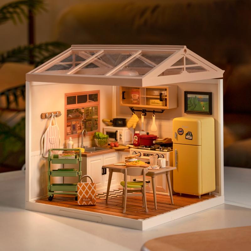 Robotime Rolife 3D Puzzle Super Store Happy Meals Kitchen Plastic DIY Miniature House Kit Miniature Dollhouse Playset with LED