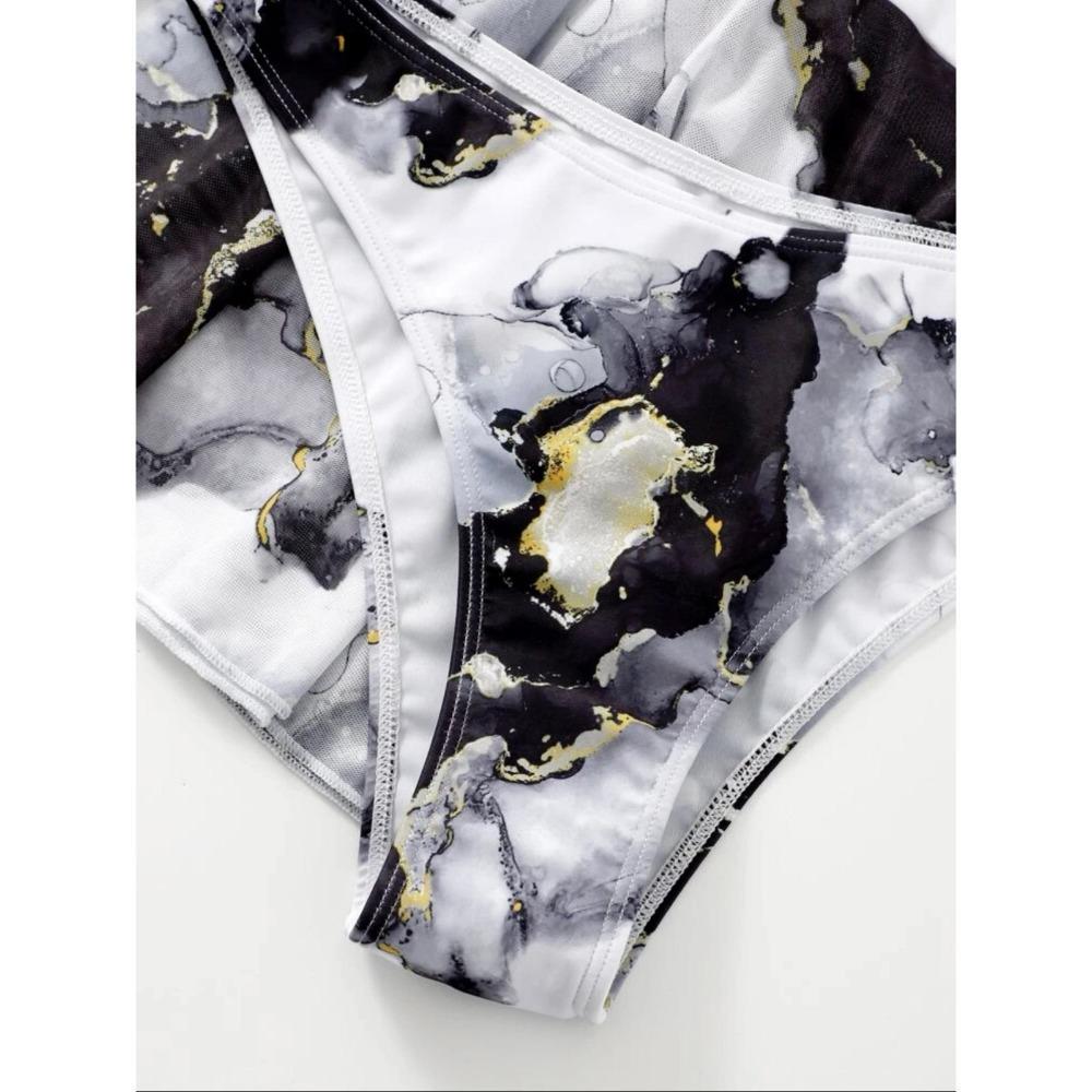 Three Pieces Marble Print Halter Micro Triangle Bikini Swimsuit Women Beach Skirt Swimwear Summer Beach Bathing Suit Bikini Set