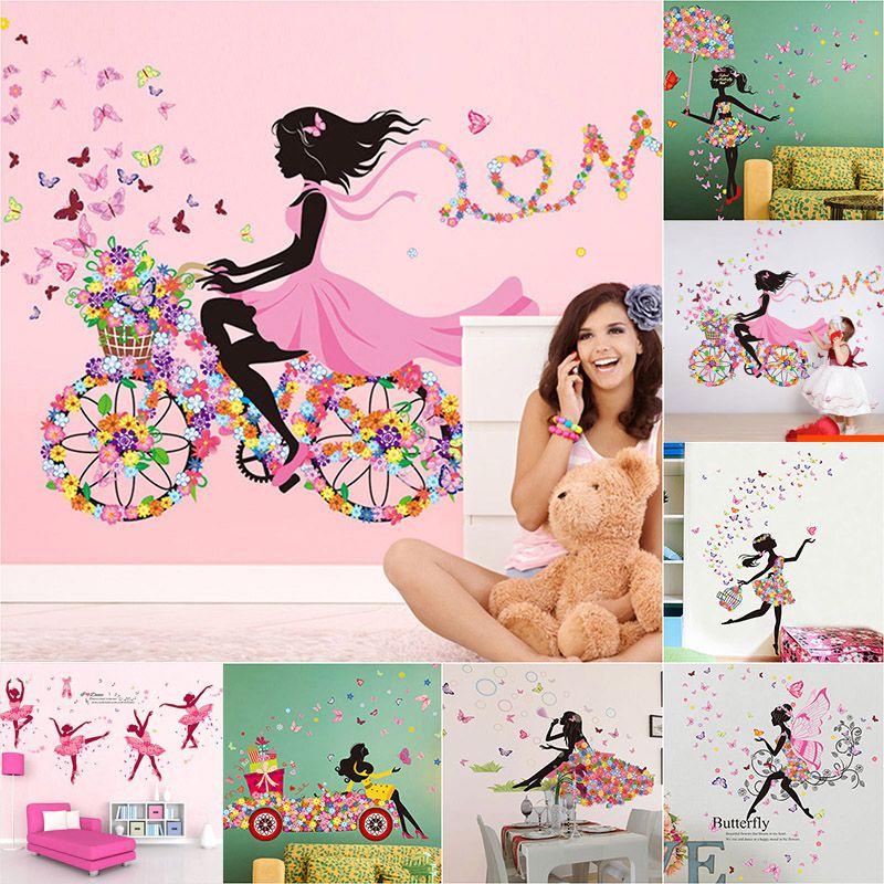 Очаровательные ПВХ наклейки на стену с рисунками девочки, бабочек и цветов для детской комнаты