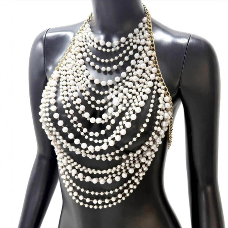 Multiple Layer Imitation Pearls Chest Necklace Detachable Chains Evening Party Wear Comfortable Fit