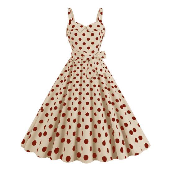 Women Vintage Dress 50s Retro A-line Big Swing Sleeveless Dot Print Contrast Color Elastic Bust High Tight Waist Backless