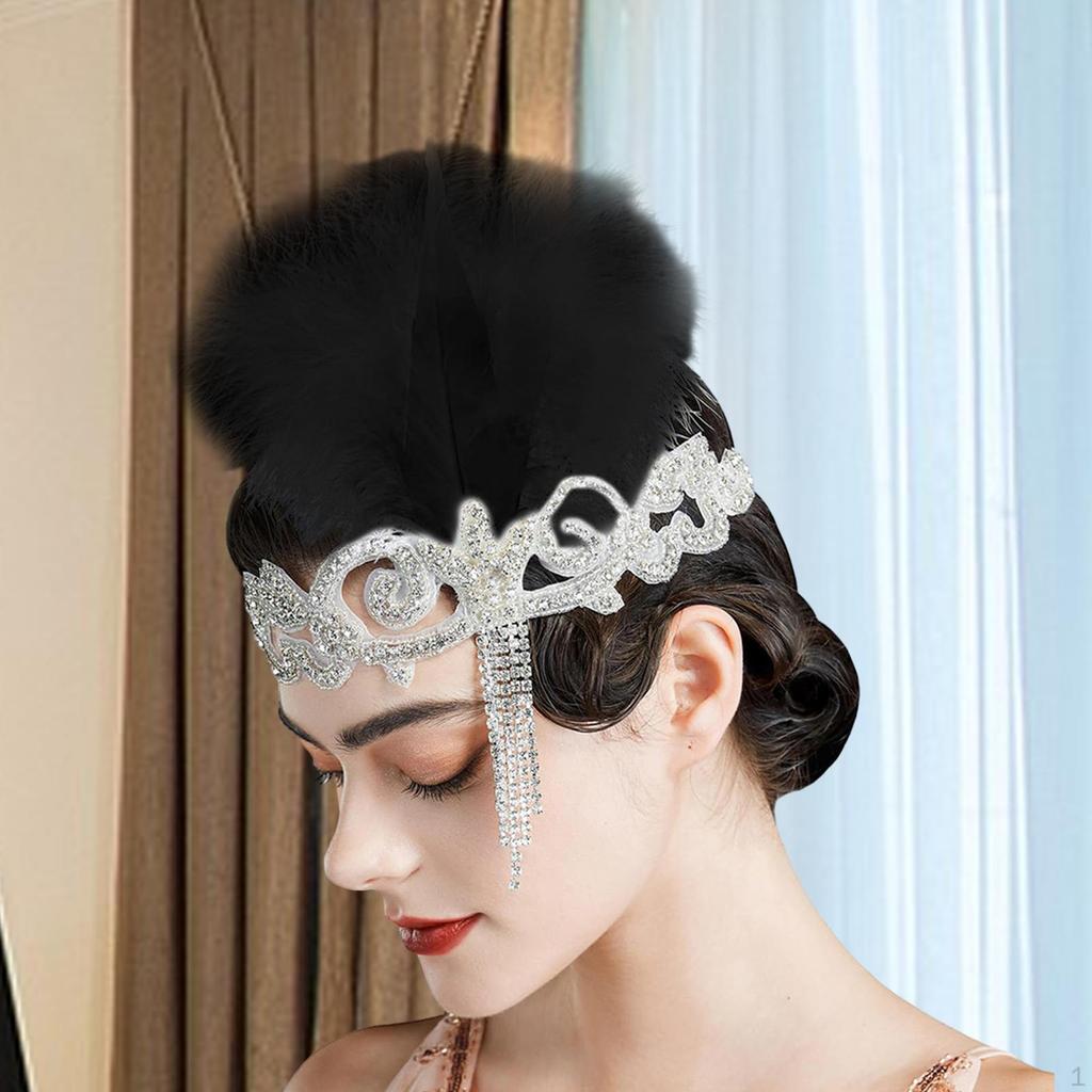 Flapper Headband 1920S Headpiece 20S Theme Headwrap Dress Up Feather Rhinestone