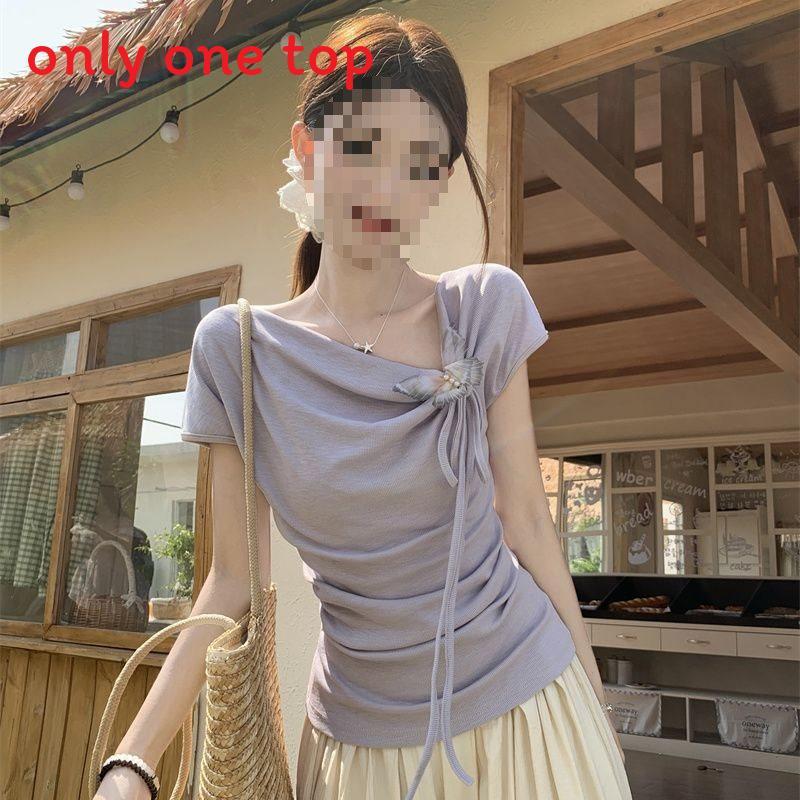 French Irregular Design Short Sleeve Butterfly Top With Embroidery For Summer Fashion