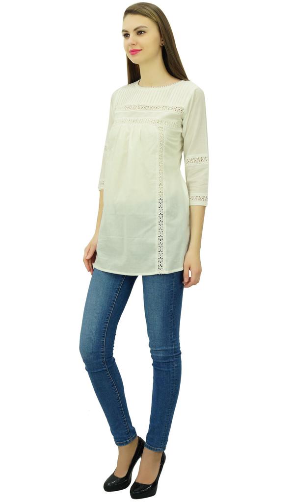 Phagun Women's 3 4 Sleeves Designer Lace Short Tunic Cotton Blouse Summer Casual