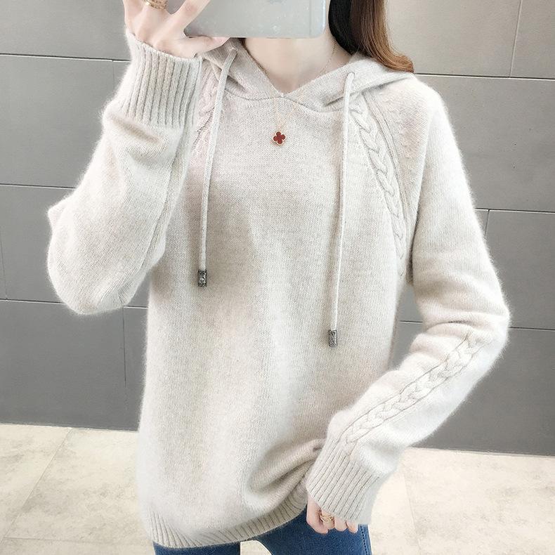Осенне-зимний женский свитер, свободный пуловер с ленивым ветром, вязаный свитер с капюшоном и длинными рукавами