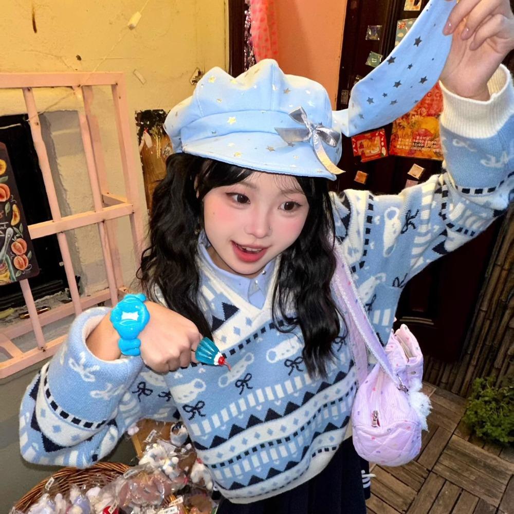 Хлопковая шапка с бантиком «Серебряная звезда» в стиле Y2K, берет с кроличьими ушками, универсальная съемная шляпа с кроличьими ушками, для девочки