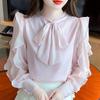Nwe 2024 модная осенняя блузка с длинным рукавом и бантом на шнуровке и оборками из розового шифона для женщин, топы, блузки, рубашки J497