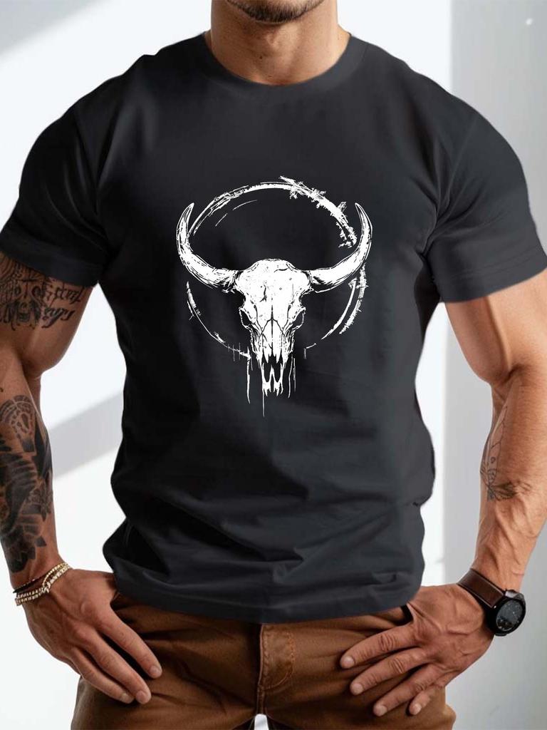 Bull Skull Western Graphic Tee Men Soft Cotton Casual Round Neck Short Sleeve TShirt