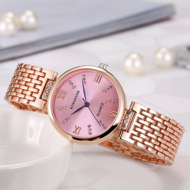 KINGNUOS Высококачественные модные женские часы с бриллиантами, водонепроницаемые женские часы с твердым стальным ремешком