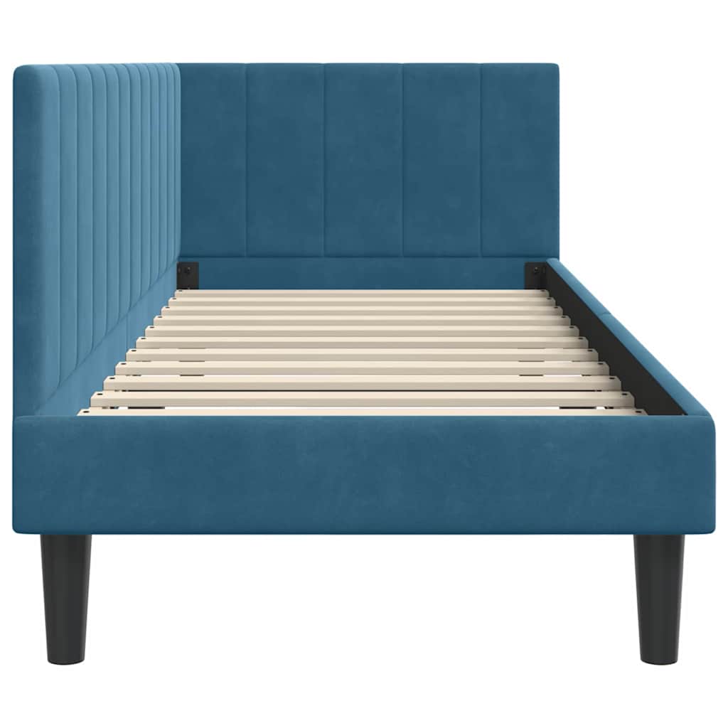 L shaped bed frame with headboard blue 80 cm x 200 cm velvet