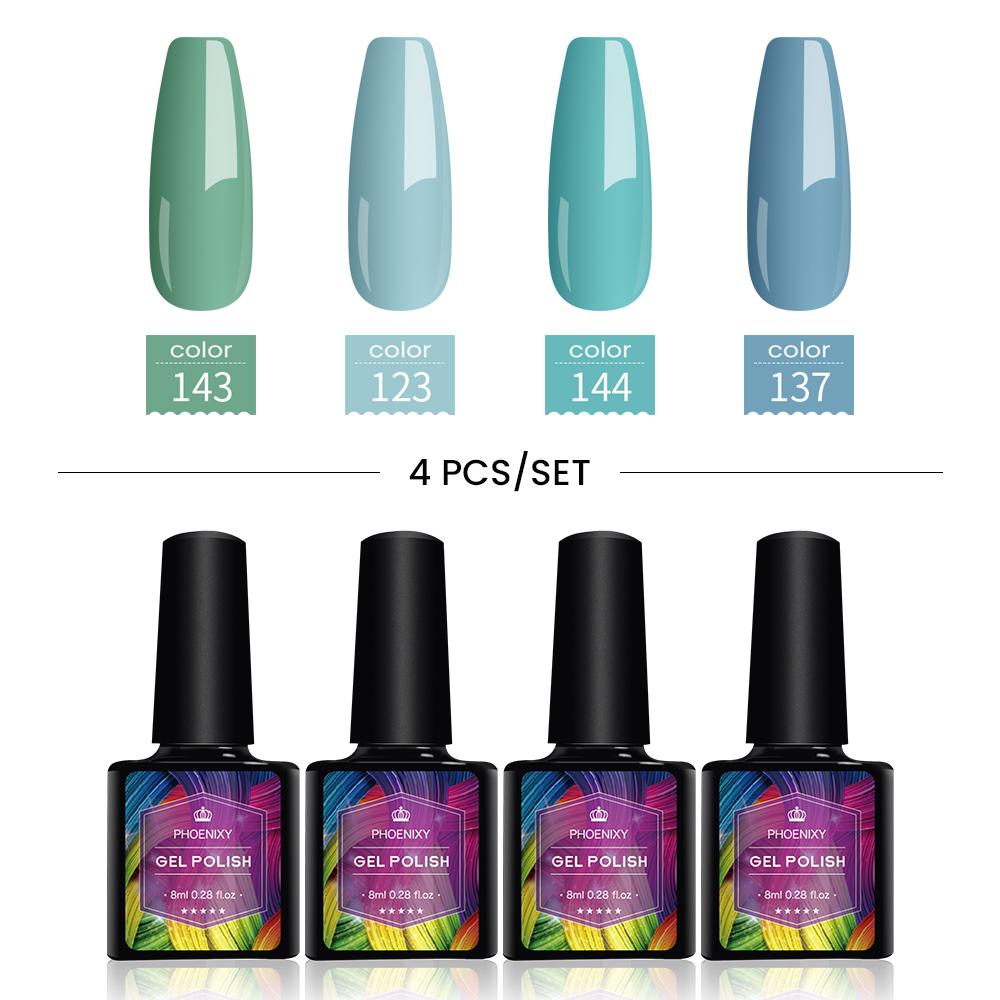 PHOENIXY: великолепные ногти с набором 4-цветного гель-лака — в него входит чистый лак, увлажняющий УФ-гель, светодиодный маникюр, дизайн ногтей и лак с блестками.