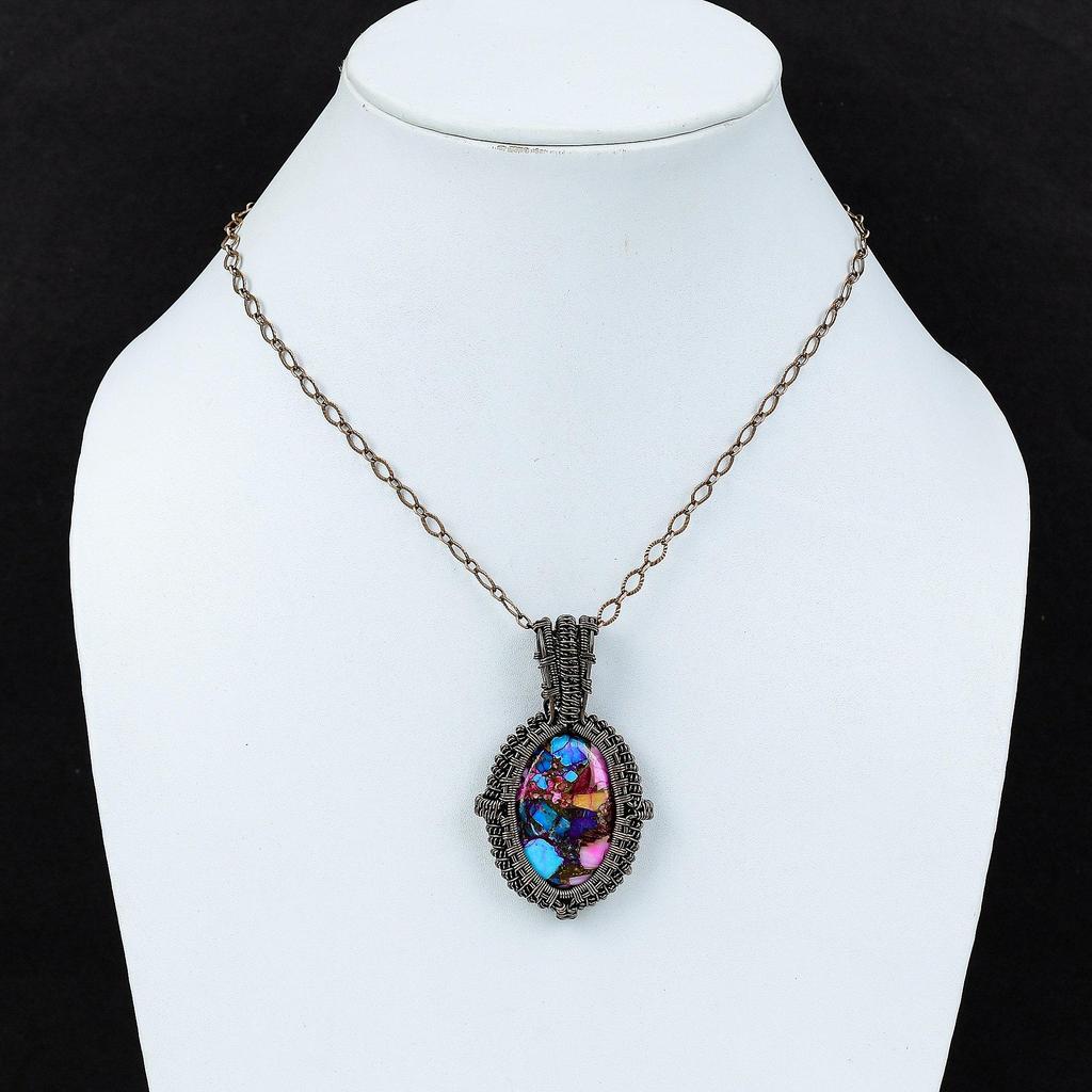 Natural Kingman Pink Dahlia Turquoise Pendant Copper Wire Wrapped Gemstone Pendant Handmade Copper Jewelry Unique Style Pendant Wedding Gift