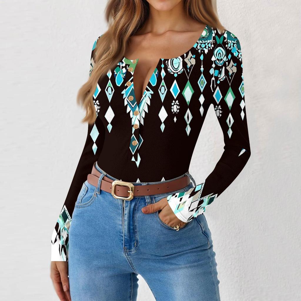 Women's Slim Bottom T-shirt Fashion Casual Gradient Printing Round Neck Pullover Long Sleeve Top