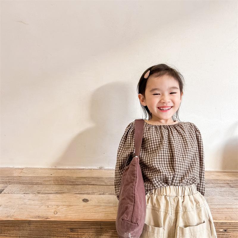 Spring Autumn Girls Korean Style Plaid Cotton Linen Long Sleeve Shirt