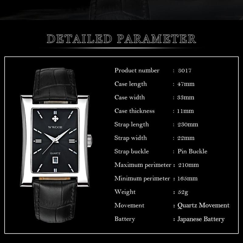 WWOOR Classic Fashion Mens Rectangle Watches Male Gold Brown Leather Quartz Waterproof Wrist Watch