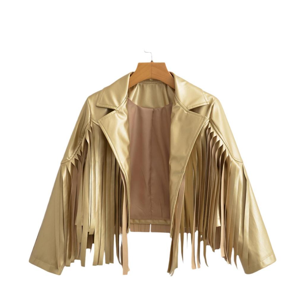 Женская уличная мода осень 2023 кожаная куртка с кисточками