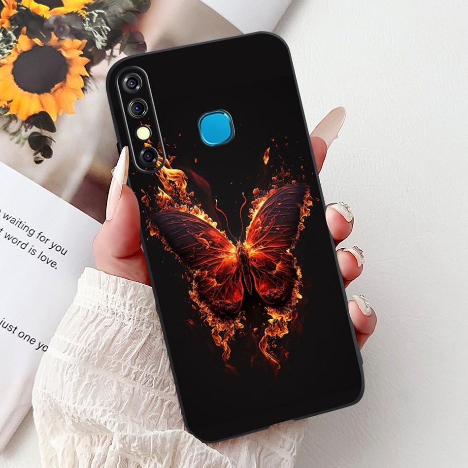 For Infinix Hot 8 Phone Case Hot 8 Lite Hot8 X650 X650C X650B X650D Elegant Floral Cat Pattern Black Silicone Soft TPU Cases