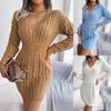 Women Autumn Winter High Waist Twist Wrap V Neck Long Sleeve Solid Color Hip Sweater Dress S-L