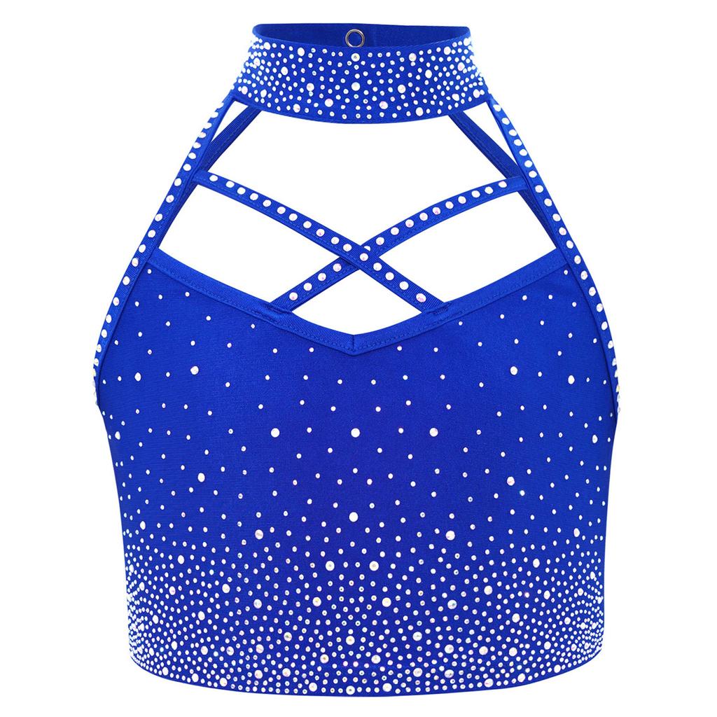 Girls Gymnastics Crop Top Halter Neck with Sparkling Rhinestones Cross Front Backless Dance Performance Costume
