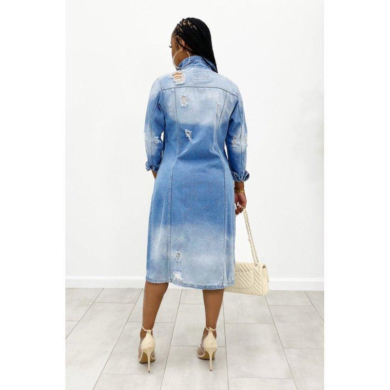 Women's Autumn and Winter Solid Color Long Ripped Button Denim Trench Coat