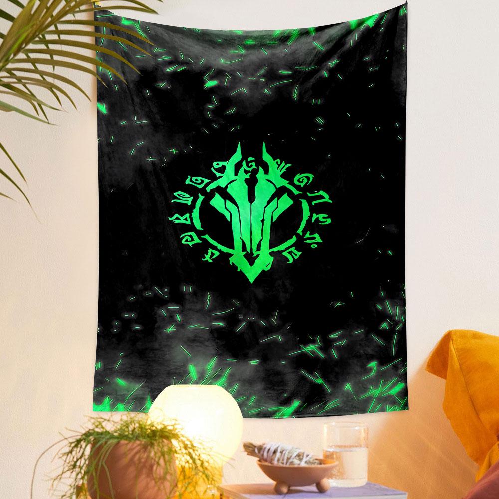 A glowing green tribal symbol with surrounding cryptic letters and sparks. Patterned tapestry for bedroom and living room home decor