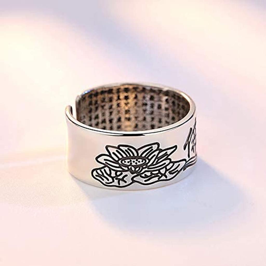 Rockyu One Size Fits All Silver Ring with Heart Sutra 10mm Lotus Flower Buddhist Amulet Antique Style Accessory for Protection from Evil and Good