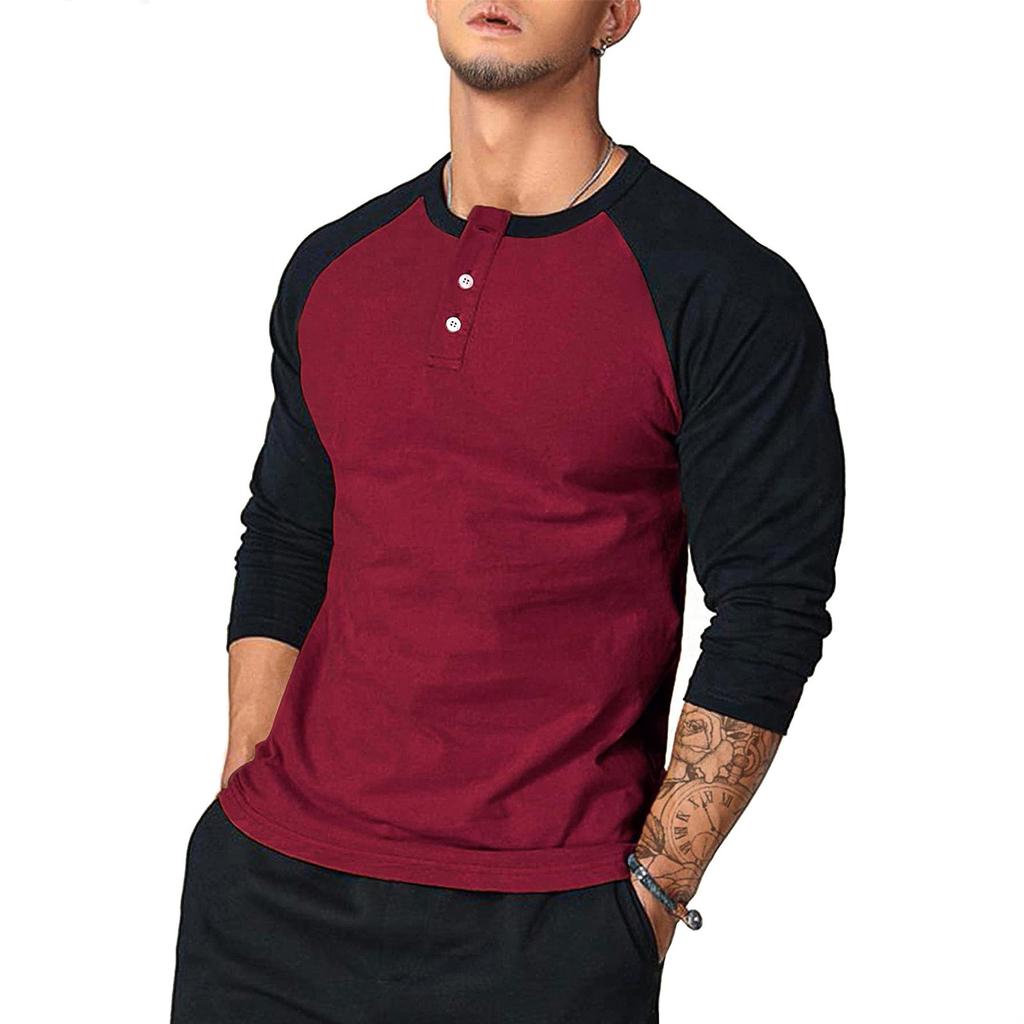 Men's Casual Button-neck Two-tone Shoulder Long Sleeve Top