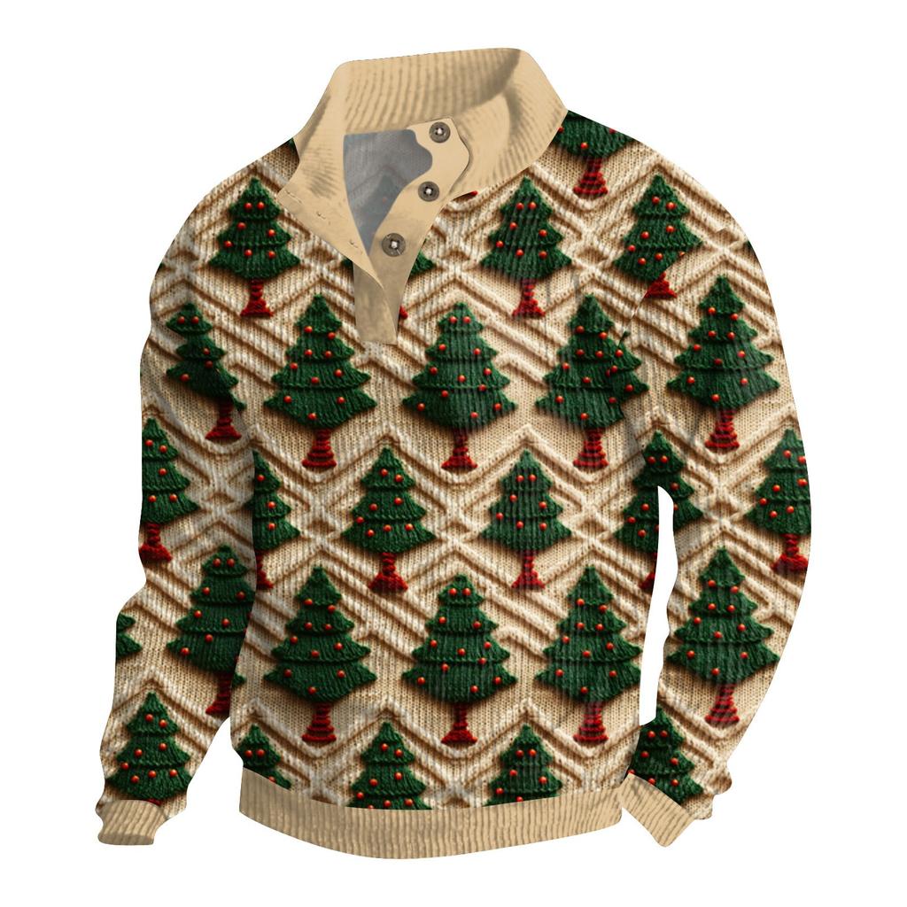 Мужская рождественская хлопковая рубашка-пуловер с длинным рукавом для активного отдыха, винтажная вельветовая рубашка с воротником-стойкой и пуговицами, повседневная толстовка с рождественским принтом