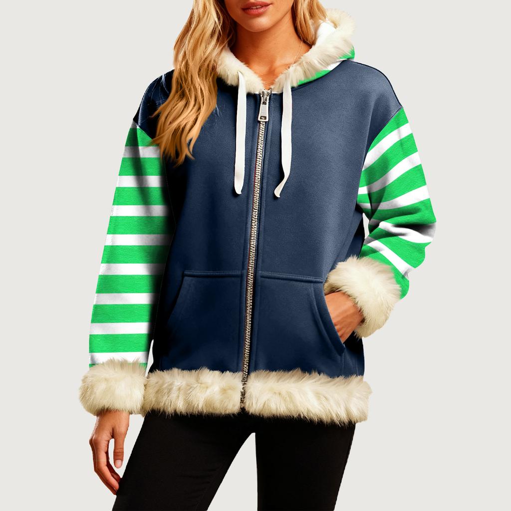 Женская Удобная Свободная Модная Повседневная Толстовка-Куртка с Длинным Рукавом, Карманами и Капюшоном с Полосатым Принтом