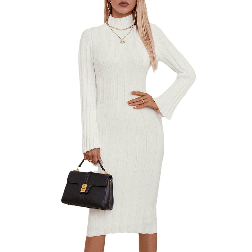 Женское повседневное ребристое трикотажное платье с длинным рукавом и воротником-стойкой, облегающее осеннее элегантное платье-свитер с высоким воротом, однотонное трикотажное платье миди для женщин