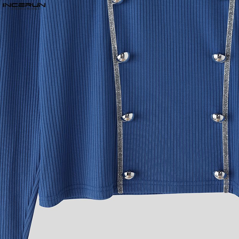 INCERUN Мужские футболки с квадратным вырезом, длинным рукавом, пэчворком, пуговицами, облегающие, укороченные топы