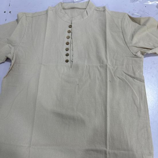 Men's Cotton Linen Shirt Casual Button Top Loose Fit Short Sleeve T-shirt Breathable Summer Clothes for Daily Wear