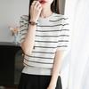Striped Knitted Short-sleeved T-shirt for Women In Summer Korean Style Round Neck Loose Casual Base Shirt Pure Cotton Top Thin